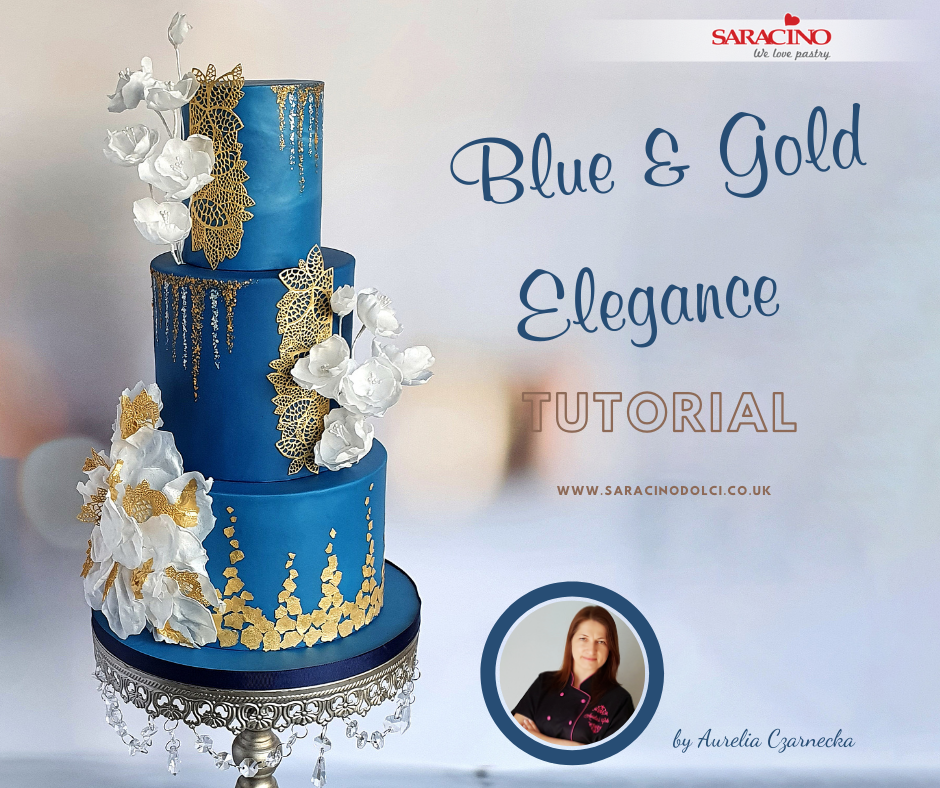Gold and Blue Fondant Wedding Cake